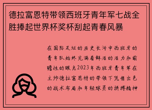 德拉富恩特带领西班牙青年军七战全胜捧起世界杯奖杯刮起青春风暴
